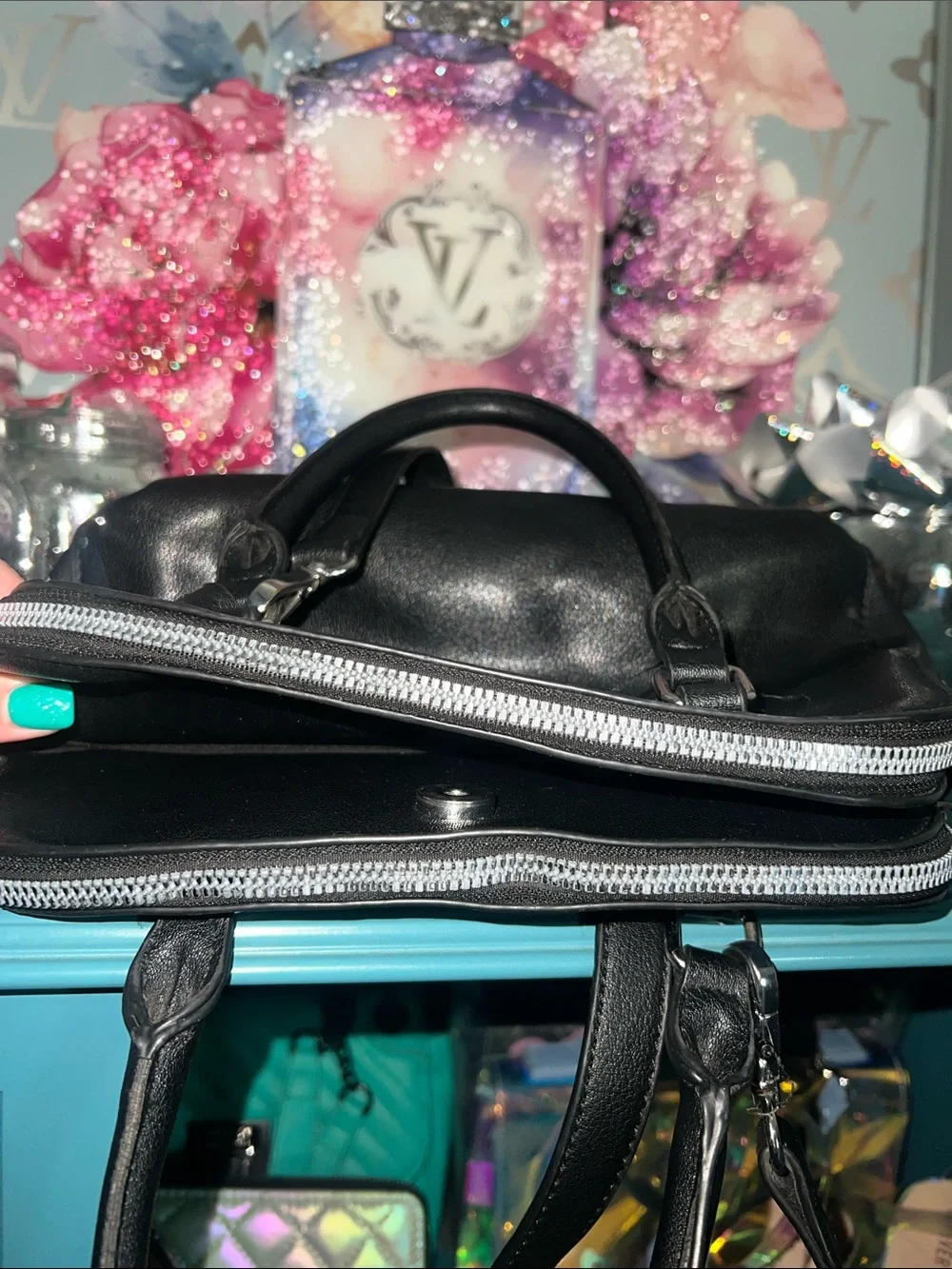Nine West Black Leather Double-Zip Satchel with Silver Hardware